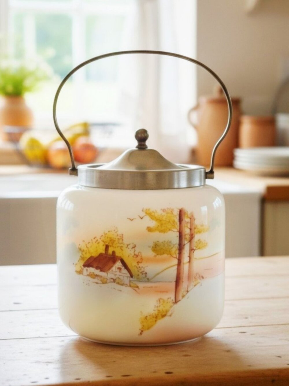 Antique Biscuit Jar With Scenic Landscape Design & Metal Lid